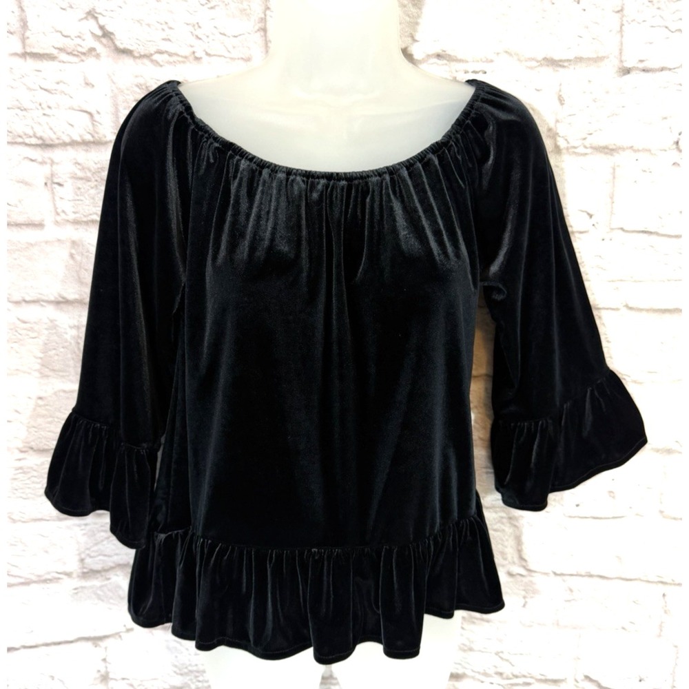 Sanctuary Black Velvet Julia Peplum Top Small On Off the Shoulder Witchy Boho